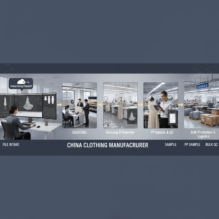 OEM workflow showing intake, sourcing, sample, PP sample, bulk QC for online dress designs