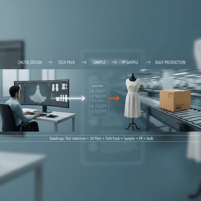 Roadmap from online design to tech pack, samples, and bulk production