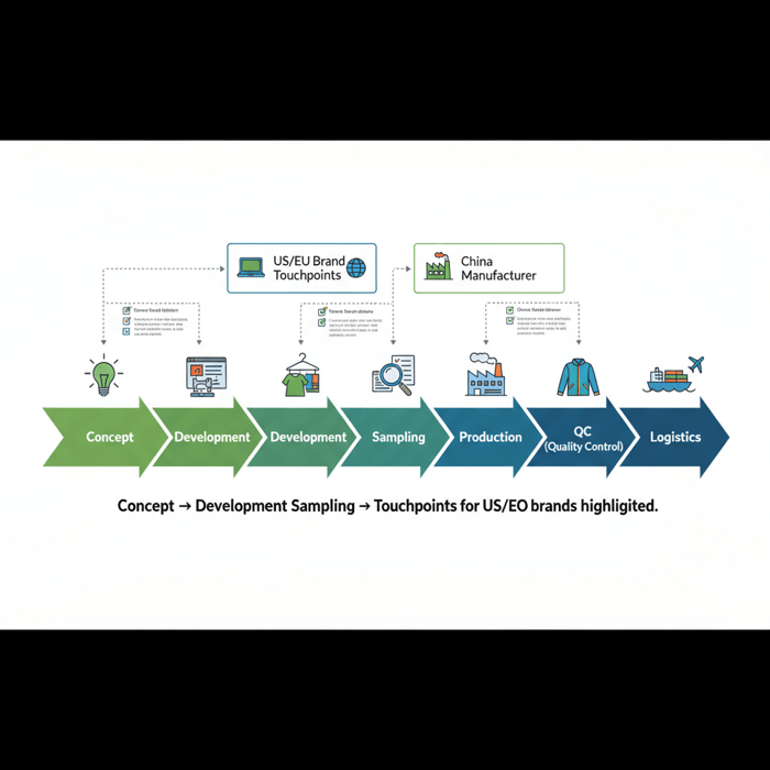 Hero workflow diagram showing company clothing journey from concept to delivery with a China clothing manufacturer