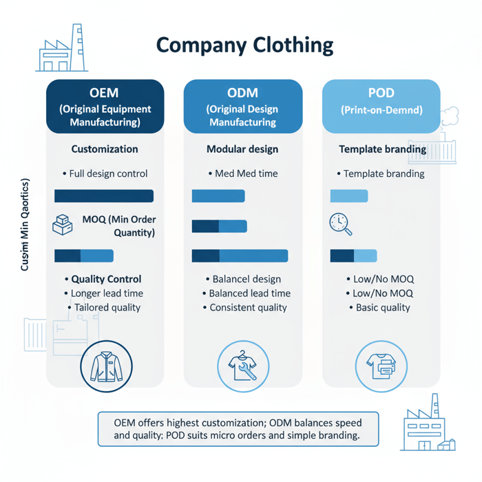 Diagram comparing OEM, ODM, and POD models for company clothing with axes for customization, MOQ, lead time, and quality control