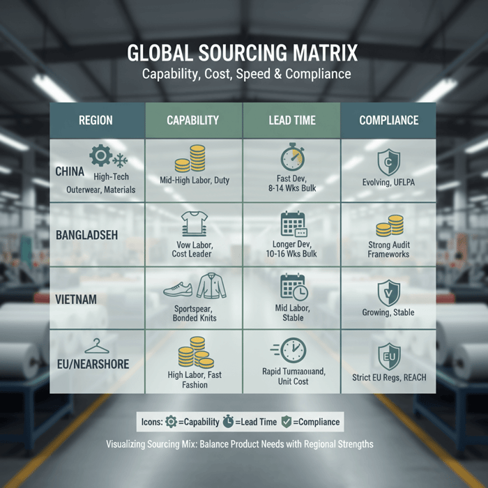 Regional sourcing comparison matrix for company clothing with icons indicating capability, cost, lead time, and compliance