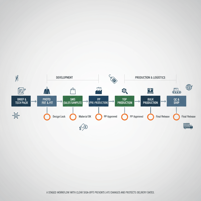 Process flow diagram showing brief, tech pack, proto, SMS, PP, TOP, and bulk gates for company clothing