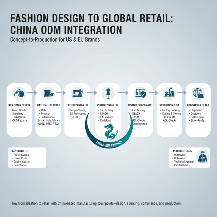 Infographic showing fashion design company roles across the apparel supply chain with China ODM integration