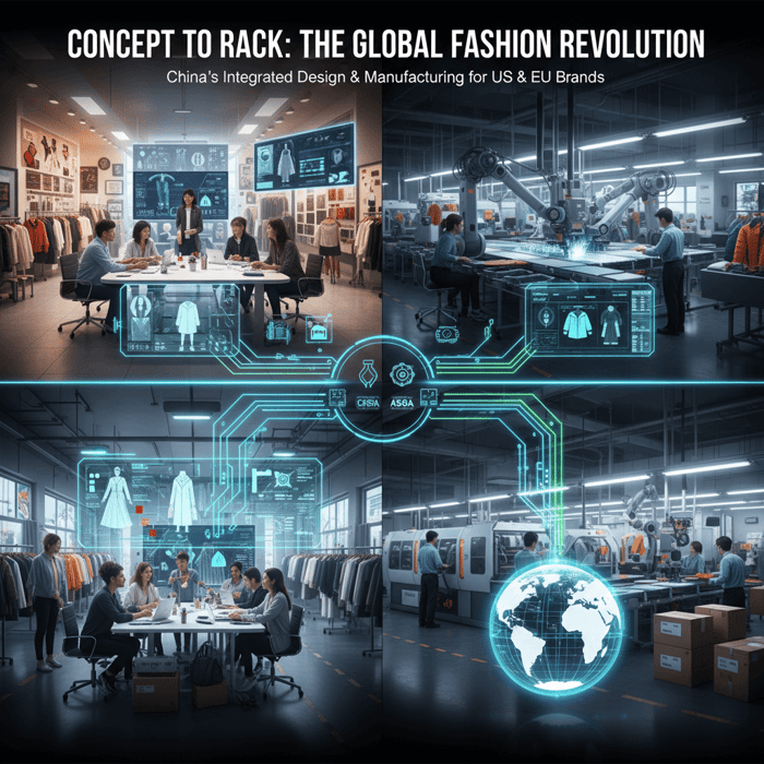 Compliance infographic summarizing REACH, CPSIA, RSL, and certification workflows for apparel