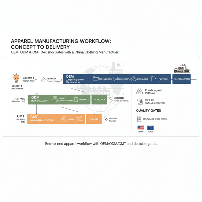 Hero workflow diagram from concept to delivery highlighting OEM, ODM, and CMT decision gates for a China Clothing Manufacturer