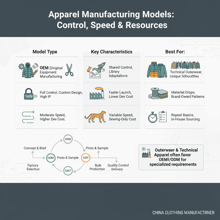 Matrix comparing OEM vs ODM vs CMT by control, speed, resource needs for apparel manufacturing