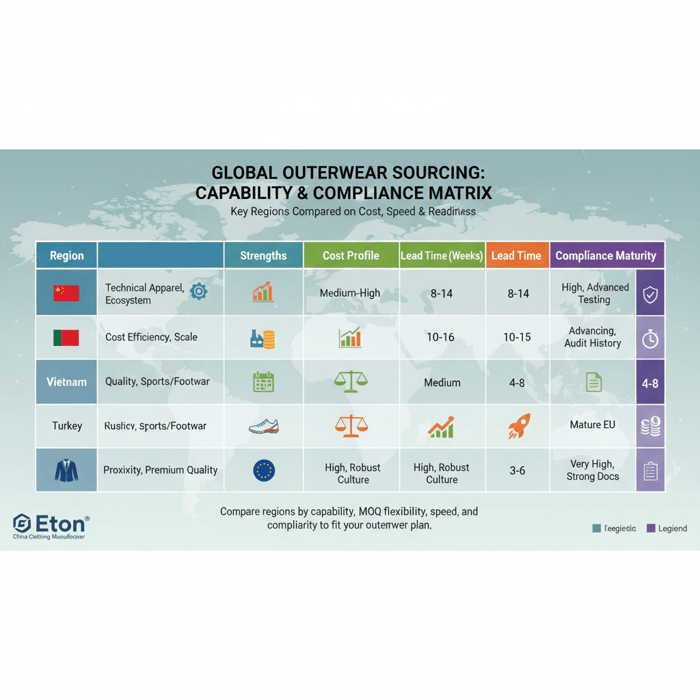 Region-capability matrix comparing China, Bangladesh, Vietnam, Turkey, and EU on cost, lead time, and compliance readiness