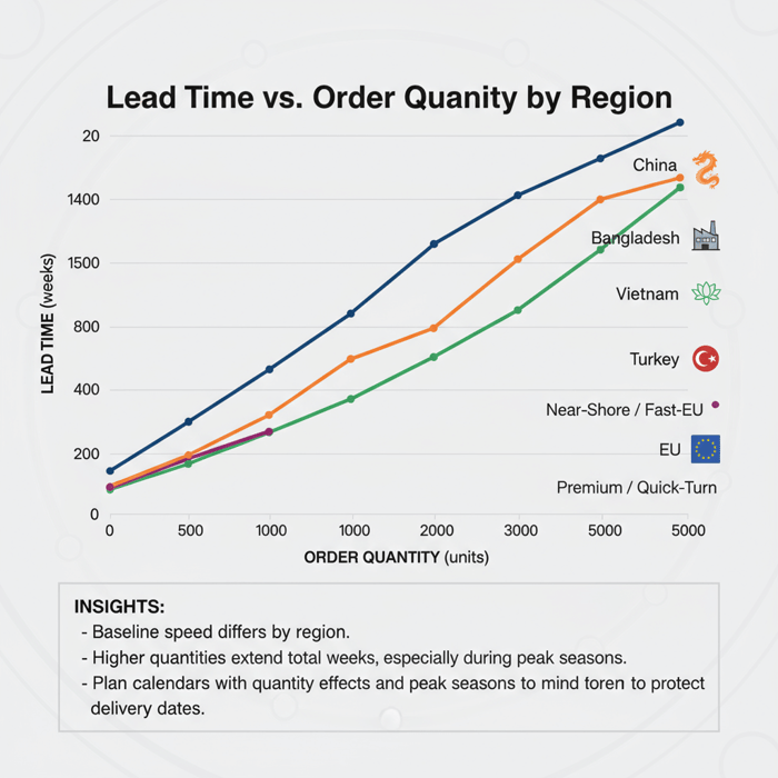 Trend chart placeholder illustrating how order quantity affects lead time across China, Bangladesh, Vietnam, Turkey, and EU