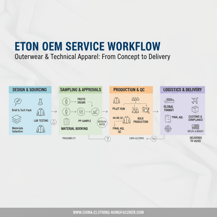 Annotated workflow of Eton’s OEM service from design and sourcing through pilot run, production, and delivery