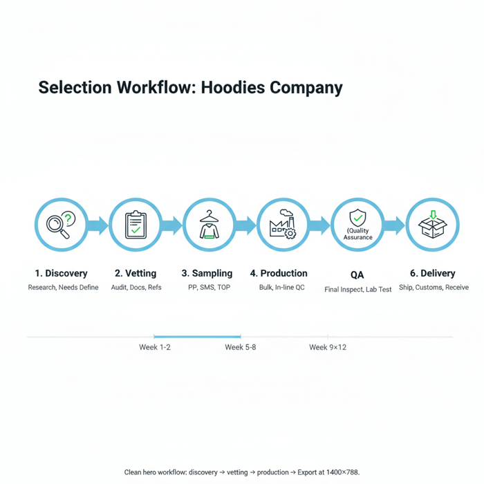 Hero workflow diagram showing discovery, vetting, sampling, production, QA, and delivery for selecting a hoodies company