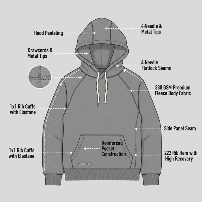 Annotated hoodie spec diagram labeling panels, seams, rib cuffs, drawcords, and zipper details