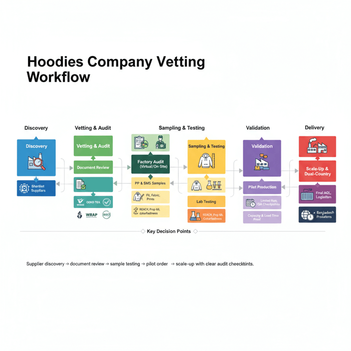 Supplier vetting workflow showing audits, sampling, documentation checks, and pilot production for hoodies