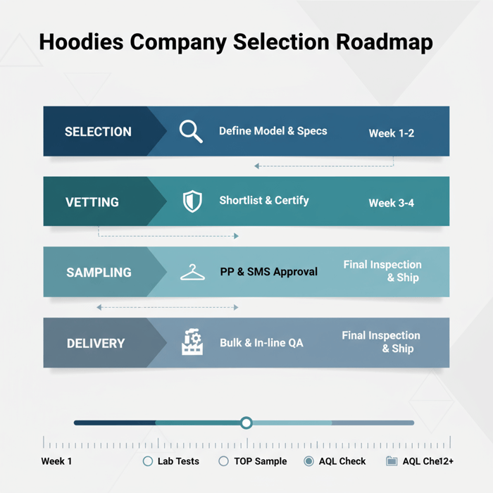 Roadmap graphic summarizing selection, vetting, sampling, production, and delivery milestones for hoodies