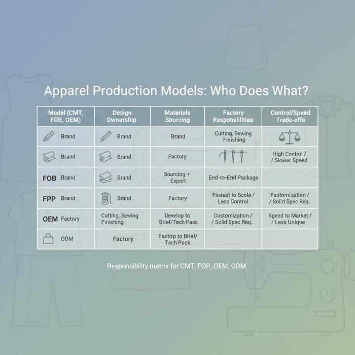 Matrix comparing CMT, FOB, FPP, OEM, and ODM responsibilities in apparel production at a high level