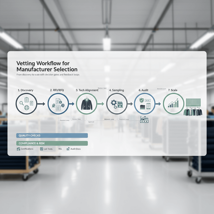 Selection workflow showing RFI, sampling, audit, pilot, and scale steps for apparel sourcing