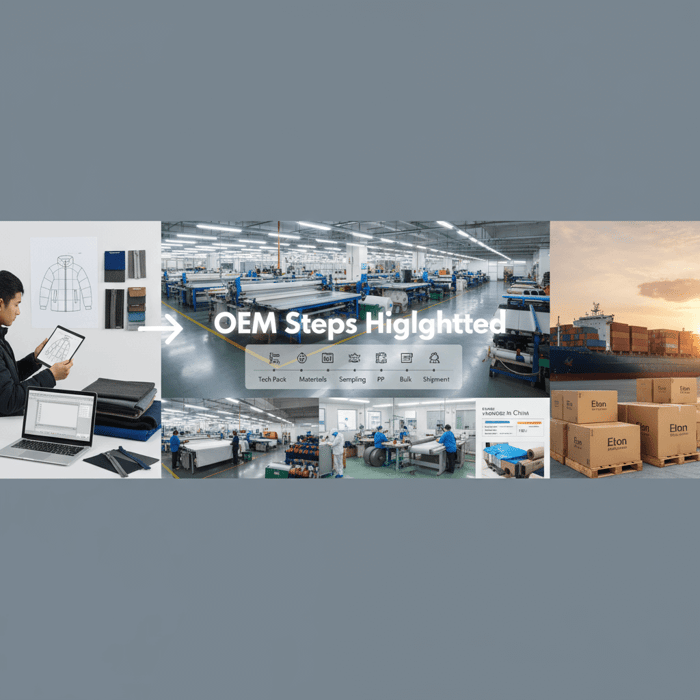 Workflow visual from concept to shipment for an outerwear program with OEM steps highlighted