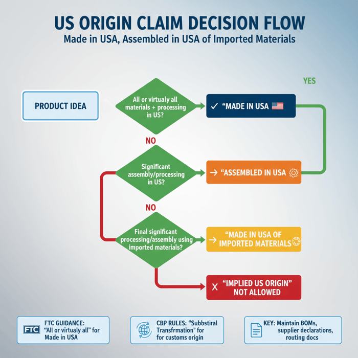 Flowchart for picking the correct US origin claim: Made in USA, Assembled in USA, or Made in USA of imported materials
