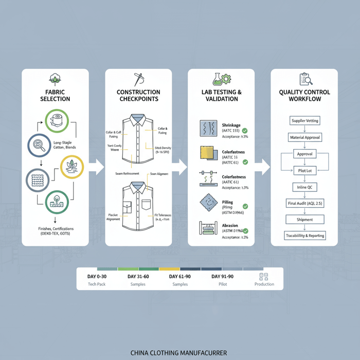 Hero diagram showing fabric selection, construction checkpoints, testing, and QC workflow for premium shirts in a China factory