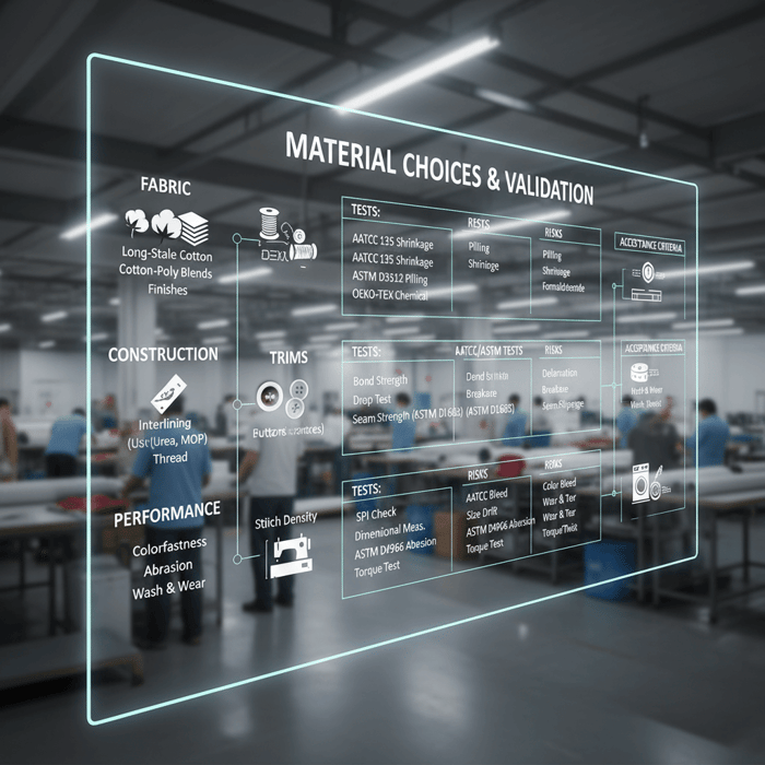 Flowchart mapping shirt attributes—fabric, trims, stitching, fit—to AATCC/ASTM tests with acceptance ranges