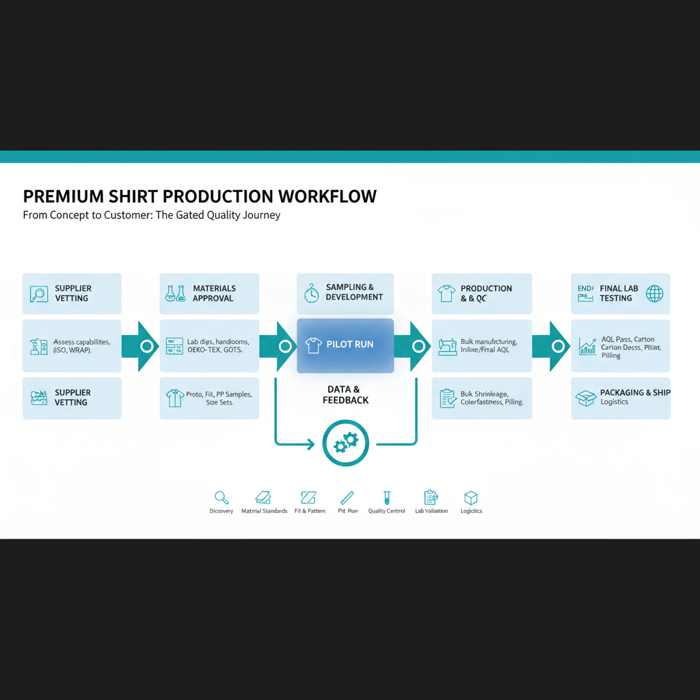 Annotated shirt diagram highlighting collar, yoke, placket, hem with stitch density and tolerance notes