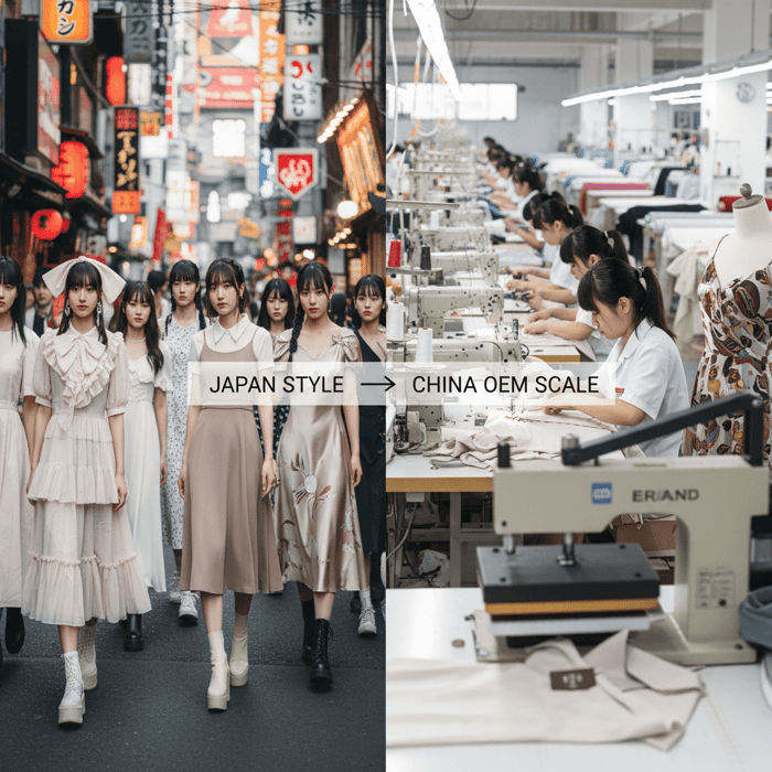 Split-screen visual: Japanese street-style dresses on the left and an OEM production line on the right