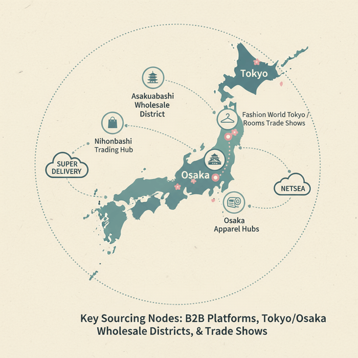 Map-style graphic highlighting Tokyo and Osaka wholesale districts and major trade show venues
