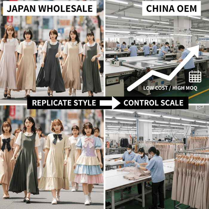 Mood board collage: minimalist, kawaii, and premium Japanese dress silhouettes aligned to US/EU taste