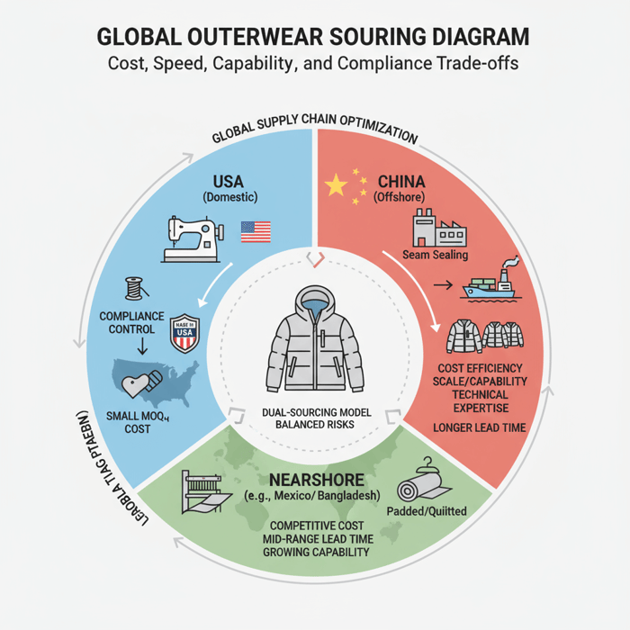Hero diagram showing the trade-offs among domestic, nearshore, and China apparel OEM for outerwear