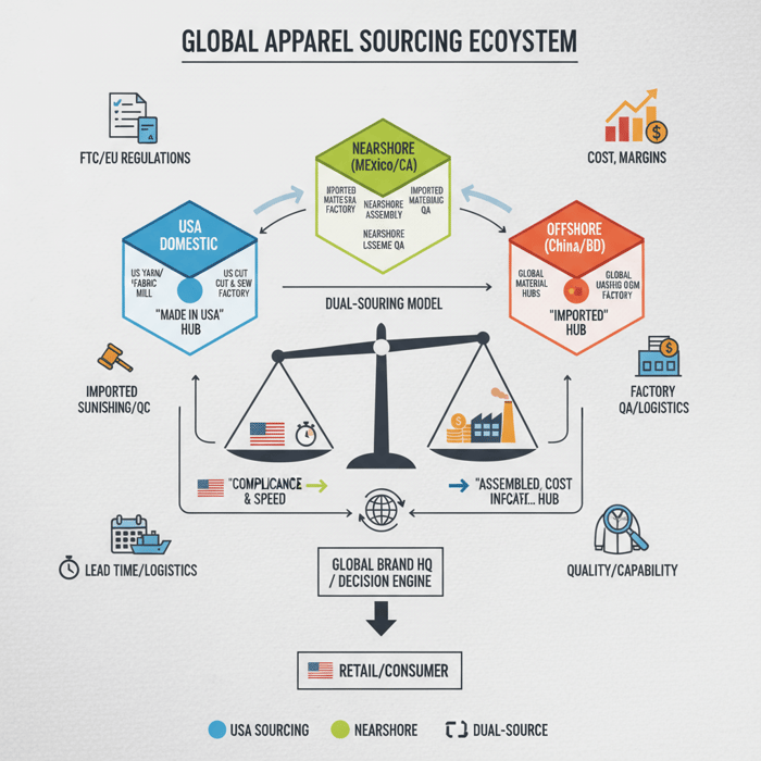 Flowchart of apparel origin-claim substantiation from supplier attestations to routing evidence