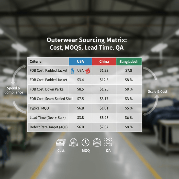 Matrix of cost, lead time, MOQ, and QA performance across USA, China, Bangladesh