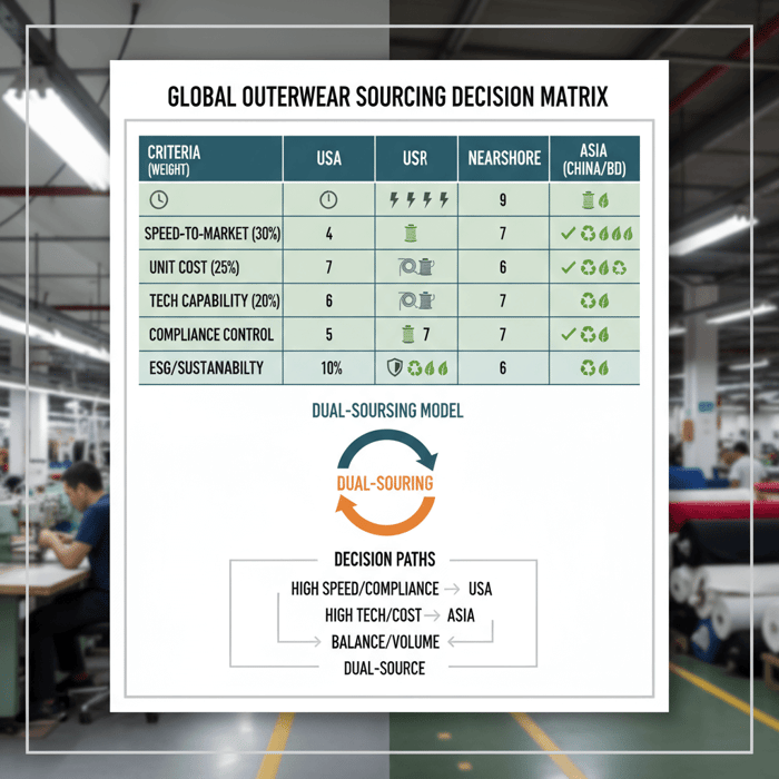 Decision matrix graphic scoring USA, nearshore, and China/Bangladesh by weighted criteria