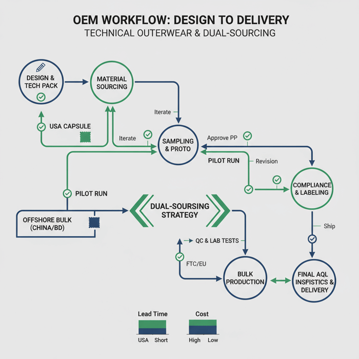 OEM workflow diagram from design through QA with checkpoints for technical outerwear
