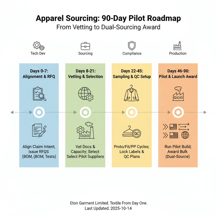 Roadmap infographic showing 90-day pilot plan from vetting to dual-sourcing award