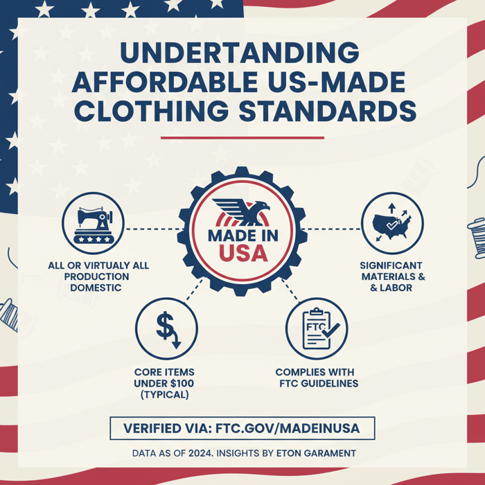 Infographic defining Made in USA labels with FTC criteria icons for affordable clothing brands made in usa