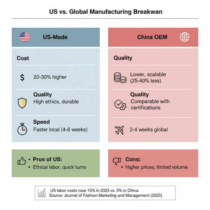 Side-by-side comparison chart of US vs. China clothing costs and timelines for affordable clothing brands made in usa
