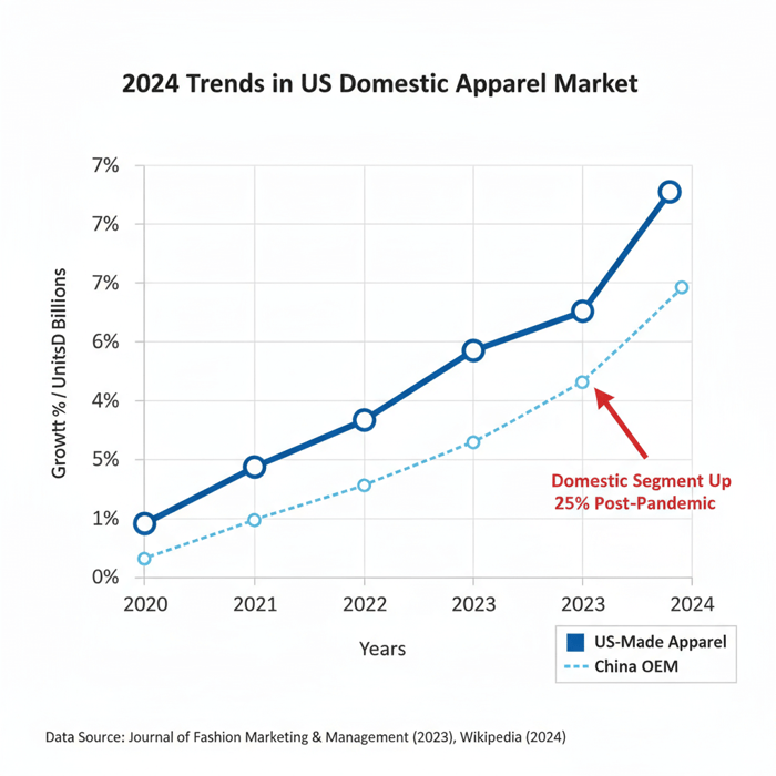 Line chart showing growth in affordable US-made clothing sales 2020-2024 for affordable clothing brands made in usa