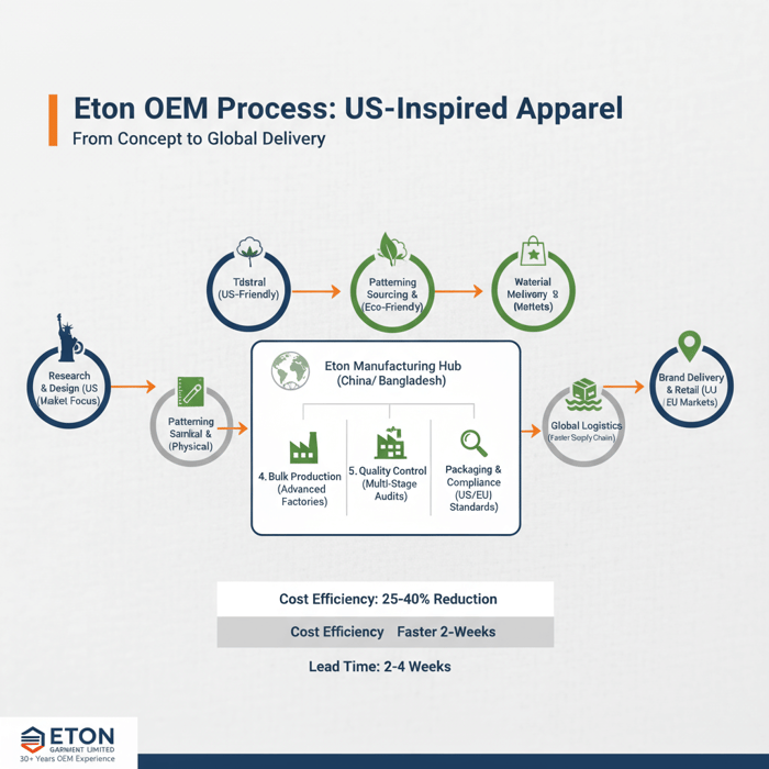 Workflow diagram of Eton OEM process for US-inspired clothing in affordable clothing brands made in usa