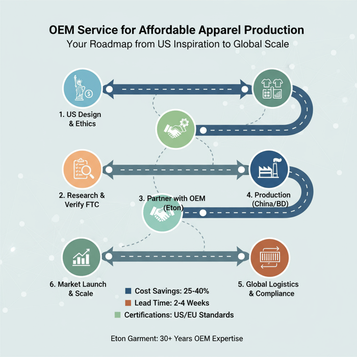 Roadmap infographic for sourcing US-inspired clothing via OEM for affordable clothing brands made in usa