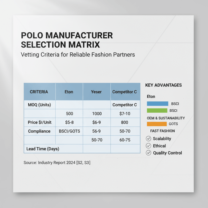 Decision matrix for evaluating polo manufacturers