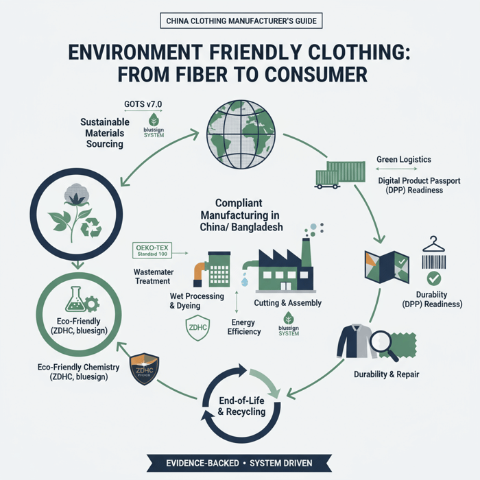 Sustainable apparel value chain diagram from materials to QC and delivery, tailored to China clothing manufacturer context
