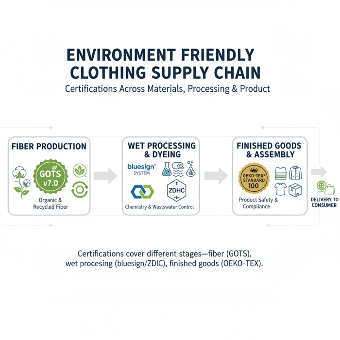 Infographic mapping GOTS to fiber, bluesign/ZDHC to wet processing, OEKO-TEX to finished goods