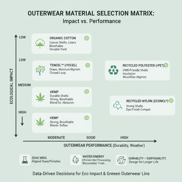 Matrix visual comparing materials for eco impact and outerwear performance