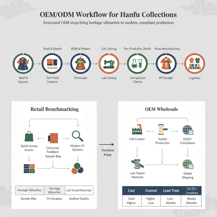 Lab testing flow: fabric swatches, colorfastness rubs, sample inspection checkpoints