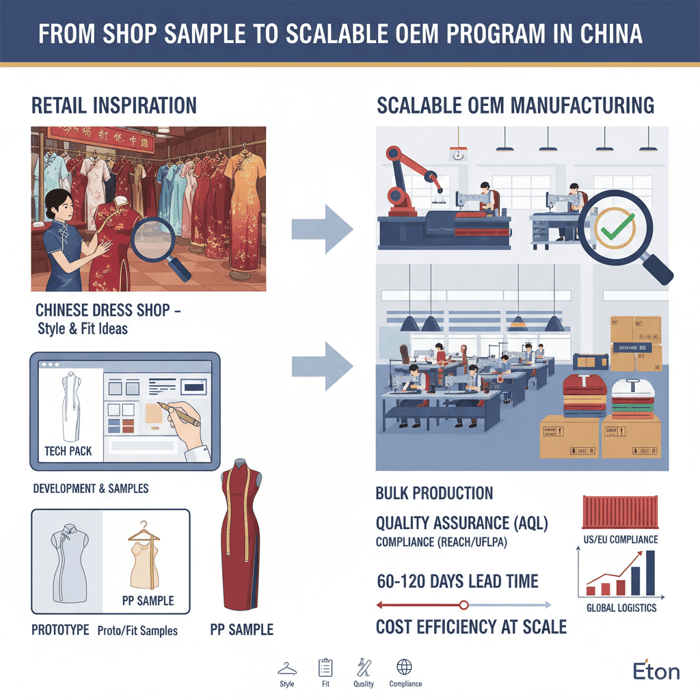 Brand journey from chinese dress shop inspiration to OEM manufacturing flow