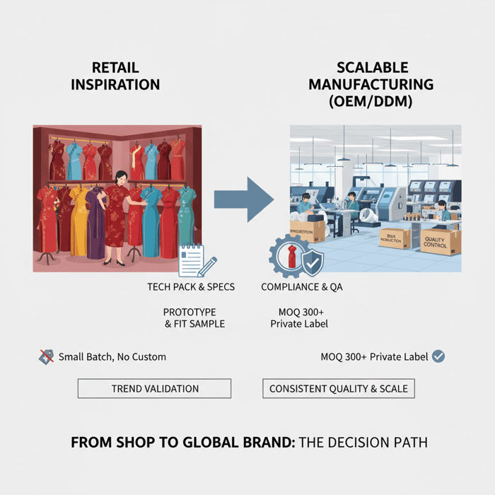 OEM workflow annotated for qipao/cheongsam program