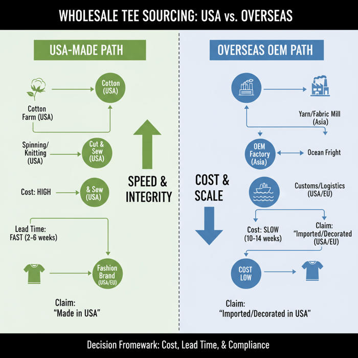 Split-screen diagram of USA-made wholesale tee path vs overseas OEM path with cost and lead-time markers