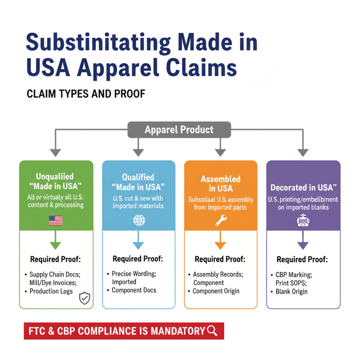 Flowchart of claim types and required evidence for apparel: Made in USA, Qualified claims, Assembled, Decorated