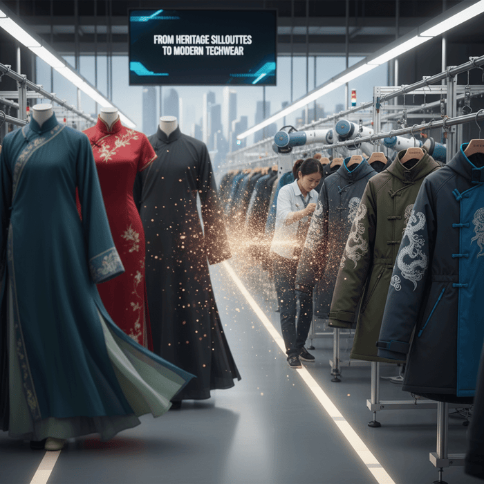 Hero visual showing traditional Chinese robes evolving into contemporary outerwear on a factory line