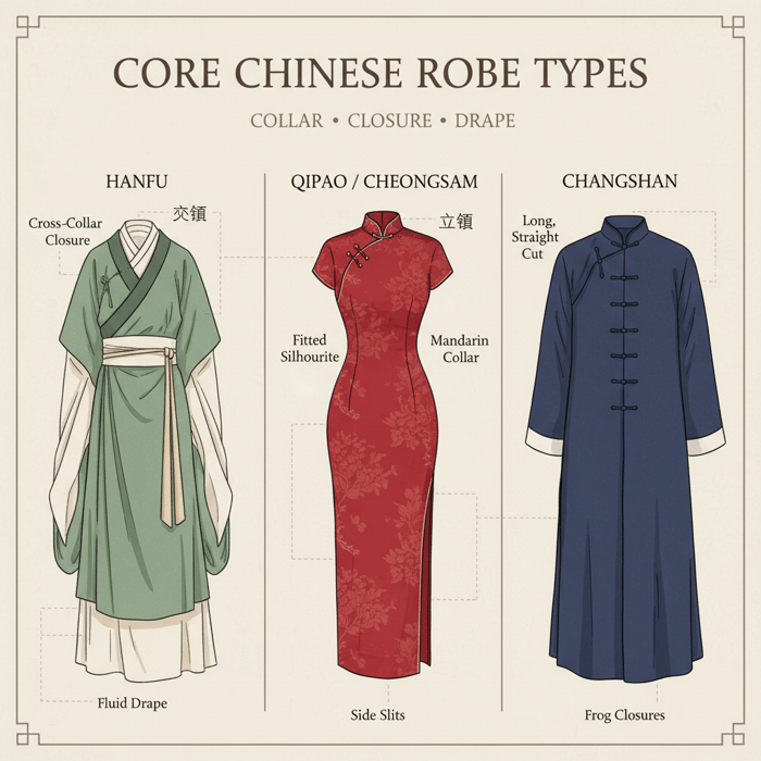 Infographic comparing hanfu, qipao, and changshan—with collars, closures, and drape highlighted