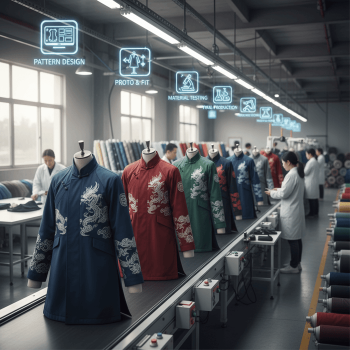 Factory floor showing robe-inspired jackets on an assembly line with annotated workflow stations